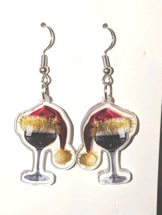 Hand Crafted Jewelry - Hand Crafted Holiday Wine Glass Santa Hat Acrylic Dangle Earrings